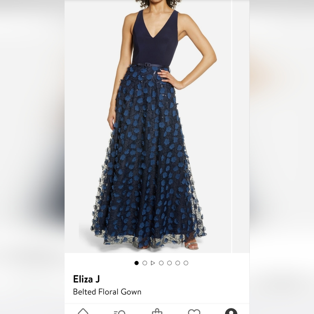 NWT Elisa J Belted Floral Gown , Size 4, In Navy - Picture 1 of 6
